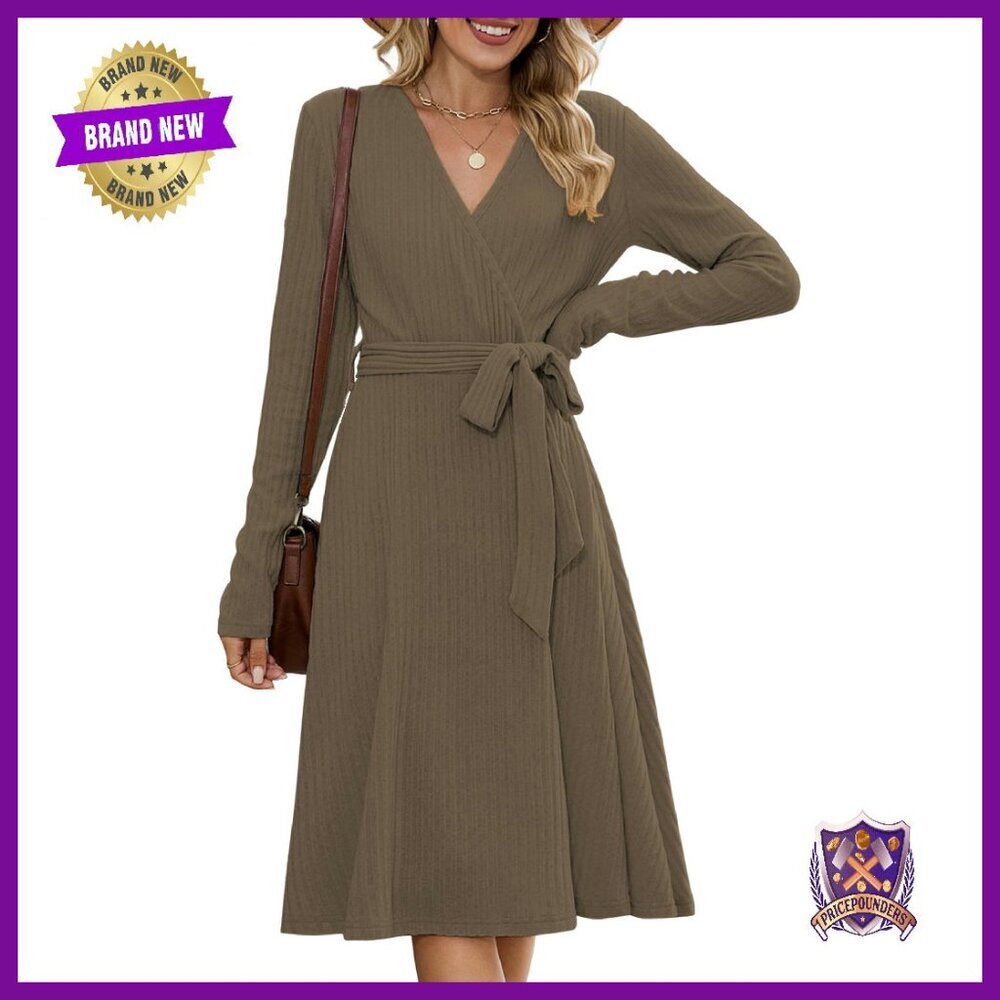 Long Sleeve V Neck Wrap Midi Sweater Dress with Belt Business Casual